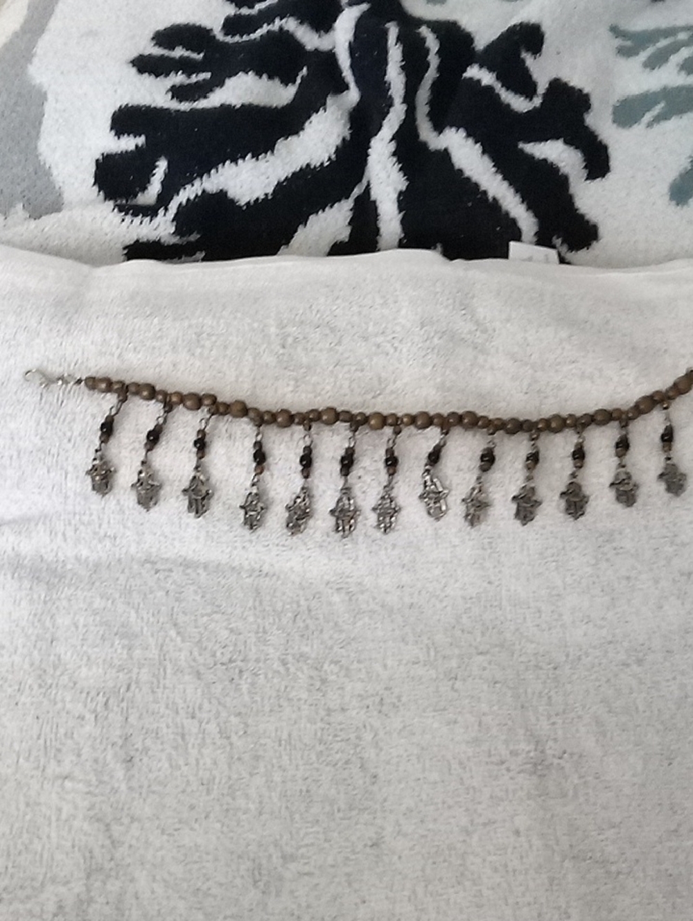 Vintage Brown Beaded Ankle Bracelet with Silver Hamsa Charms